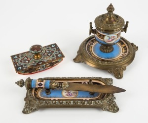 Continental three piece desk set and an enamel blotter, 19th century, (4 items),  the letter opener 24cm long