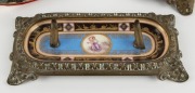 Continental three piece desk set and an enamel blotter, 19th century, (4 items),&nbsp; the letter opener 24cm long - 2