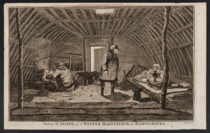 J.G. WOODING (engraver), "A View of the INSIDE of a WINTER-HABITATIONS, in&nbsp;KAMTSCHATKA", copper engraving, published by Alex'r Hogg, 1784-86, for Anderson's Cook's Voyages" overall 24.5 x 39cm.