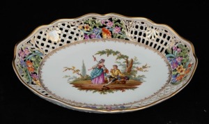 MEISSEN antique German pierced porcelain bowl with hand-painted romantic scene and floral decoration, 19th century, blue Augustus Rex mark to base, 28cm wide