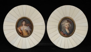 A pair of vintage hand-painted Italian oval miniature portraits of ladies in piano ivory oval frames, 20th century, 11.5 x 10.5cm each overall