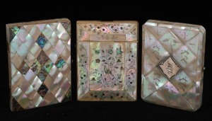 Three antique mother of pearl and paua shell calling card cases, 19th century, the largest 11cm wide