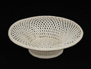 BELLEEK antique Irish pierced porcelain basket weave bowl, impressed lozenge&nbsp;factory mark to base, 5cm high, 17cm diameter