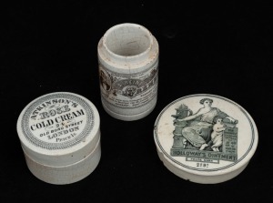 Antique French advertising chemist jar (missing lid), "Atkinson's Rose Cold Cream" English ceramic lidded chemist pot and "Holloway's Ointment" antique pot lid, 19th century, (3 items), the largest 8cm diameter