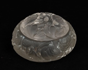 LALIQUE French glass opaque glass lidded box with rose decoration, stamped "Lalique" and engraved "France", 7cm high, 12cm wide