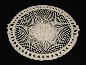 BELLEEK Irish pierced porcelain basket weave dish with ornate handles, impressed lozenge&nbsp;factory mark to base "Belleek, R. Ireland", 28.5cm wide