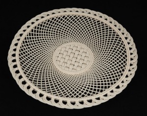 BELLEEK Irish pierced porcelain basket weave dish, impressed lozenge&nbsp;factory mark to base "Belleek, R. Ireland", 26.5cm wide