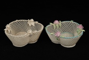 BELLEEK antique Irish porcelain basket weave bowl with applied rose and petal decoration; together with a matching colour example, (2 items), impressed lozenge&nbsp;factory marks to base, 7cm high, 14cm wide