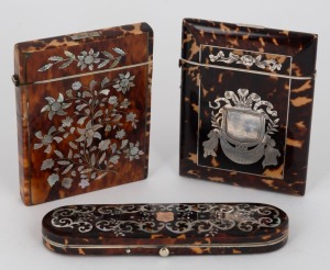 Two antique tortoiseshell&nbsp;calling card cases inlaid with pearl shell and silver; together with an attractive&nbsp;tortoiseshell, pearl shell and silver instrument case, 19th century, (3 items), the instrument case 14cm wide