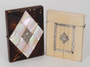 Two antique calling card cases, one example in ivory and silver, the other example in tortoiseshell, mother of pearl and silver, 19th century, the larger 11cm wide