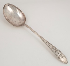 An antique silver plate serving spoon with engraved decoration, stamped "DEP." with anchor mark, 19th century, 34cm long&nbsp;