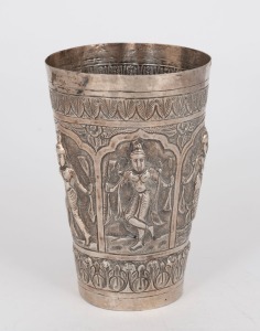 A vintage Burmese silver beaker with repousse decoration, 20th century, 11cm high, 96 grams