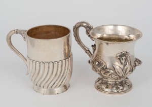 Two antique English sterling silver christening mugs, the larger 9cm high, 275 grams total