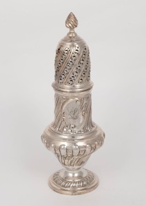 An antique English sterling silver Rococo revival sugar caster, made in London, circa 1896, 23cm high, 248 grams