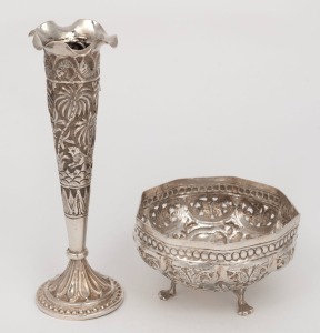 An Indian silver bowl and trumpet shaped vase, both decorated with animal motifs, 20th century, 16cm high, 128 grams total