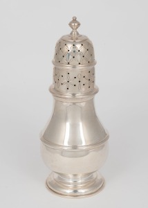 A Georgian style English sterling silver sugar caster, made in London, 20th century, 19cm high, 284 grams