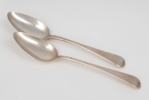 A pair of Georgian sterling silver tablespoons, by Richard Crossley of London, circa 1801, 22cm long, 156 grams total
