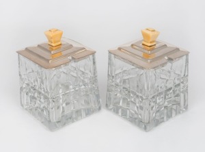 A pair of vintage English cut crystal and sterling silver lidded jam pots with ivory finials, 20th century, 10cm high