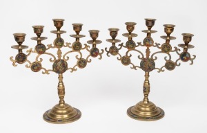 A pair of five branch brass candelabra with enamel decoration,19th/20th century, 31cm high, 29cm wide