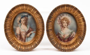 A pair of gilt framed hand-painted oval miniature portraits of ladies, 20th century, 13 x 11cm each overall