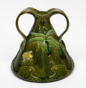 BRETBY English Art Nouveau green pottery vase adorned with insects and leaves, early 20th century, impressed factory mark to base, 23cm high