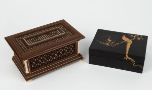 A good quality Moroccan Mashrabiya&nbsp;ivory and bead decorated box together with a Japanese black lacquer lidded box with rooster gilt decoration, 19th/20th century, the Mashrabiya&nbsp;box 9cm high, 19cm wide, 12cm deep