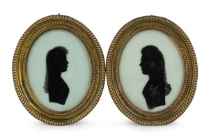 A pair of antique French Verre &eacute;glomis&eacute; silhouette miniatures with gadroon decorated brass mounts, 19th century, 12cm high, 10cm wide