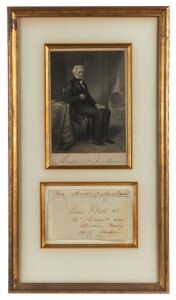 ANDREW JACKSON (7th President of the United States of America) original signature on free front with "... OF WASHINGTON" handstamp in red; mounted together with a steel engraving; framed and glazed; overall 53 x 30cm.