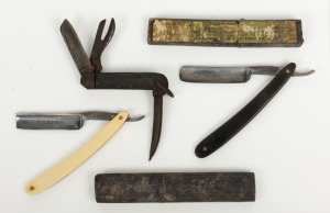 Farrier's antique pocketknife, together with two antique cut-throat razors in original card boxes, 19th and early 20th century, (3 items),