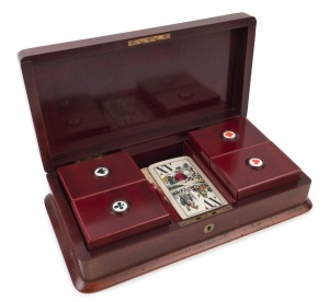 TITZE&nbsp;& SCHINKAY Viennese games box fitted with four individual boxes adorned with enamel&nbsp;card symbols each filled with gaming tokens and original 19th century playing cards, 19th century, the box 31cm wide
