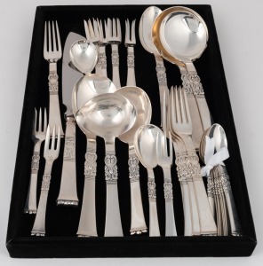 Danish&nbsp;Frigast Silver Rigs&nbsp;Pattern mixed flatware and serving utensils comprising of 8 teaspoons, 8 salad forks, 5 table forks, 1 sauce ladle, 1 berry spoon, 1 tablespoon, 3 mixed serving spoons, 1 jam spoon, 1 sugar spoon, 2 pickle forks and a fish knife
