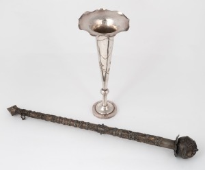 An antique silver plated trumpet stem vase with bird and flower engraving, together with a Chinese silver plated opium pipe with applied filigree decoration. 19th century, (2 items), the pipe 43cm long.