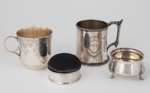 Two antique English christening mugs with bright cut engraving, by Martin, Hall & Co. of Sheffield, circa 1883, and Elkington & Co. of London, circa 1889; together with a pin cushion by William Hutton & Sons of Birmingham, circa 1913, and a Continental si