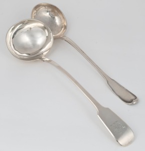 An antique English sterling silver fiddle pattern ladle&nbsp;with engraved crest, made by William Rawlings Sobey of&nbsp;Exeter, circa 1839;&nbsp;together with an antique French fiddle and thread pattern ladle, 19th century, (2 items), the larger 35cm long, 430 grams to