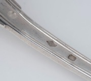 An antique English sterling silver fiddle pattern ladle&nbsp;with engraved crest, made by William Rawlings Sobey of&nbsp;Exeter, circa 1839;&nbsp;together with an antique French fiddle and thread pattern ladle, 19th century, (2 items), the larger 35cm long, 430 grams to - 3
