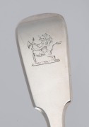 An antique English sterling silver fiddle pattern ladle&nbsp;with engraved crest, made by William Rawlings Sobey of&nbsp;Exeter, circa 1839;&nbsp;together with an antique French fiddle and thread pattern ladle, 19th century, (2 items), the larger 35cm long, 430 grams to - 4