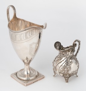 An antique English Georgian sterling silver helmet form cream jug with bright cut engraving, made in London, circa 1794, (weighted base); together with a silver plated Rococo repousse decorated cream jug, most likely French, 19th century (2 items), the la