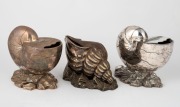Three antique English silver plated spoon warmers with shell motifs, 19th century, ​​​​​​​the largest 14.5cm high