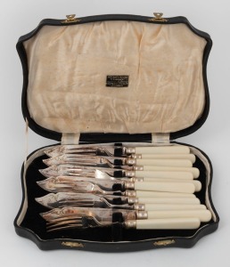 Antique fish cutlery set in original fitted leather box, 19th/ 20th century, retailed by "The Gift Store H.S. GRACE Watchmaker & Jeweller, Goulburn", the box 23cm wide