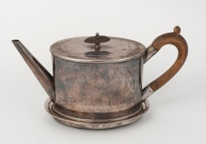 A Georgian sterling silver teapot, made in London, circa 1797, 500 grams including wooden handle and finial; together with a Georgian sterling silver trivet, also London made, circa 1799, 210 grams total including wooden insert base, (2 items), the teapot 12cm high, 25cm wide, 710 grams total