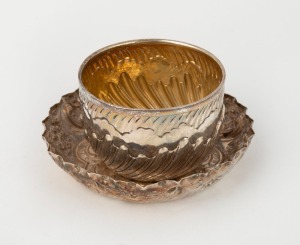 An antique English sterling silver sugar bowl by William Gibson & John Langman of London, circa 1887, (86 grams); together with an antique English sterling silver dish by Goldsmiths & Silversmiths Co. of London, circa 1893, (88 grams), (2 items), the dish 13cm wide