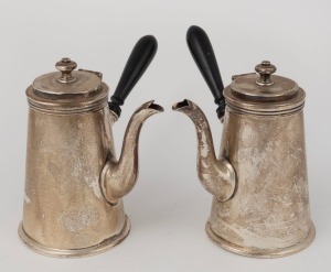 A pair of antique English sterling silver teapots with ebonized side handles, made by Howard Hawksworth of Sheffield, circa 1895, ​​​​​​​13cm high, 496 grams total including handles
