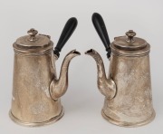A pair of antique English sterling silver teapots with ebonized side handles, made by Howard Hawksworth of Sheffield, circa 1895, ​​​​​​​13cm high, 496 grams total including handles
