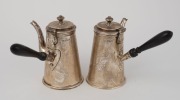 A pair of antique English sterling silver teapots with ebonized side handles, made by Howard Hawksworth of Sheffield, circa 1895, ​​​​​​​13cm high, 496 grams total including handles - 2