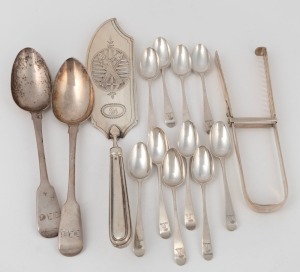 Sterling silver asparagus tongs, fish slice, a pair of sterling silver tablespoons and a set of ten sterling silver teaspoons, (14 items), 370 grams silver weight not including the fish slice