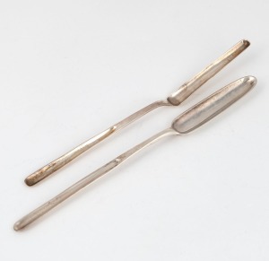 Two 18th century Georgian sterling silver marrow scoops, both London made, circa 1789 and 1792, 22cm and 21.5cm long, 64 grams total