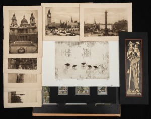 Seven assorted Photogravure English postcards, an engraving by C.V. QUITTNER, three small Balinese paintings, (11 items)