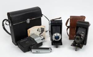 VARIOUS MANUFACTURERS: Group of three cameras - one c. 1920s Kodak No. 1 Pocket in leather case, one c. 1950s Voigtl&auml;nder Bessa I, and one c. 1970s Techtronica 505 Super 8 movie camera in leather case with manual. (3 cameras)