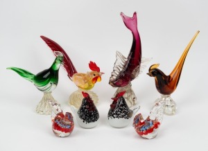 Eight assorted Murano glass bird and fish ornaments, 20th century, the largest 29cm high