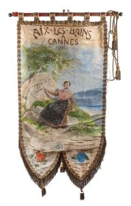 GUIDO GONIN Antique French banner hand painted on silk with gilt metal accouterments, 19th century, signed lower right, 145cm high, 76cm wide